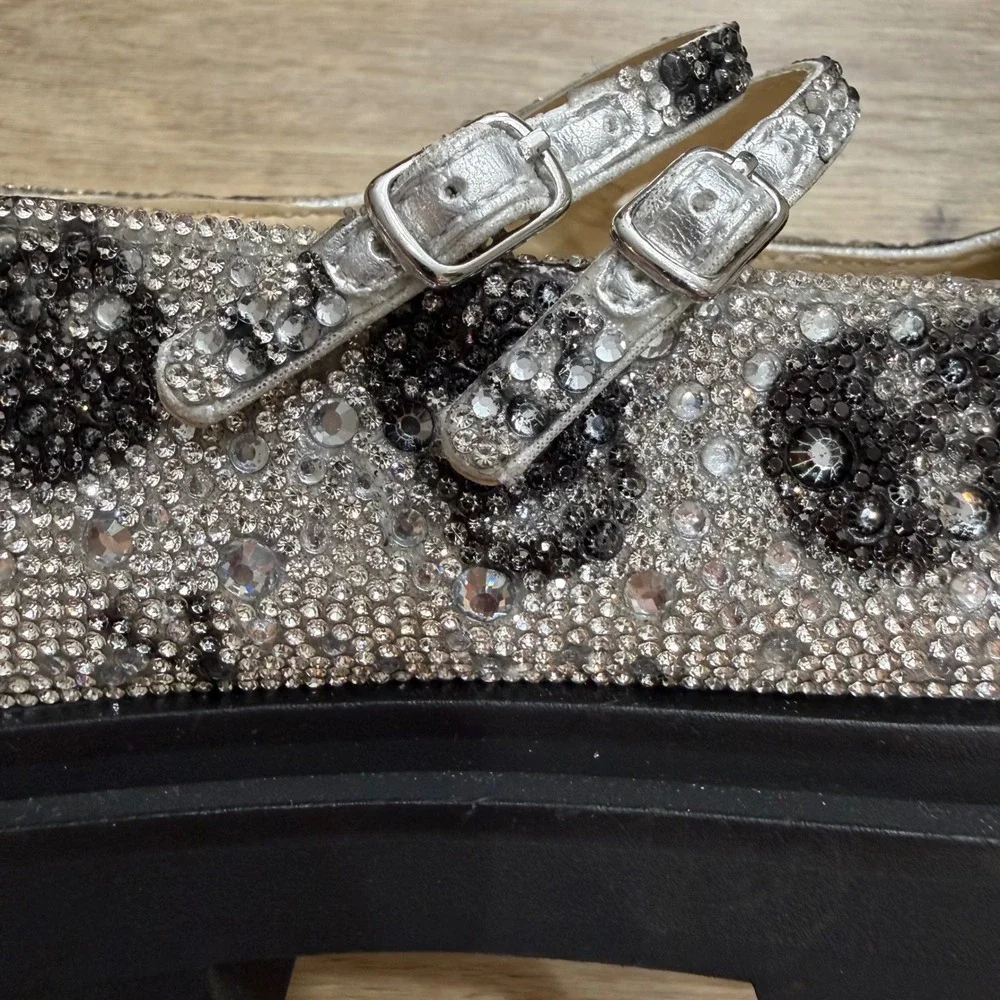 Betsey Johnson Rico Skull Rhinestone Platform Mary Jane Shoes Silver Goth Bling